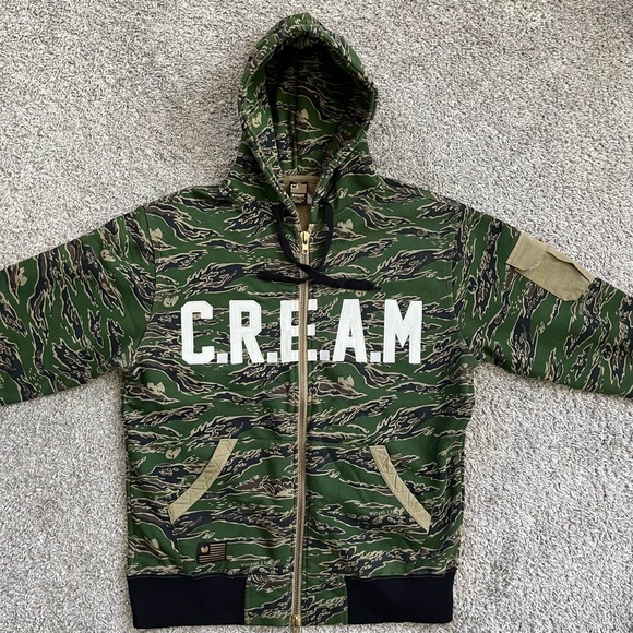 🔴Wu-Tang Sweater Size Medium WuTang CREAM Camo Hoodie Zipper Rare Gza Rza